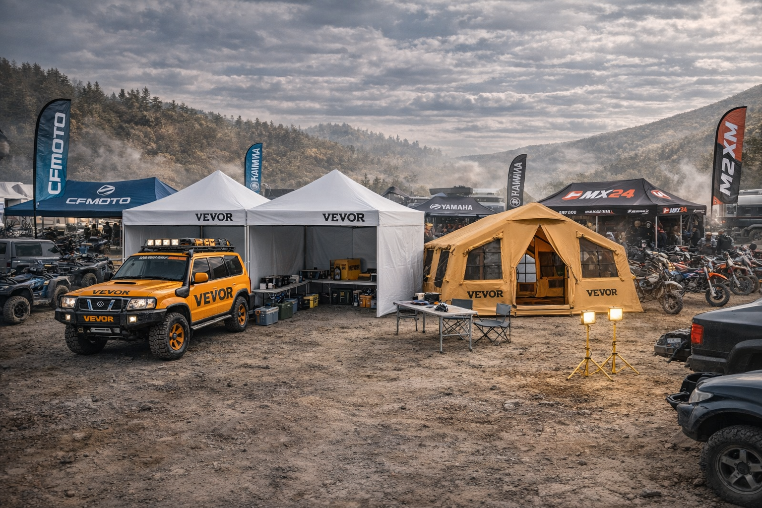 Vevor branding on TRACKER rally fleet — Bivouac in context