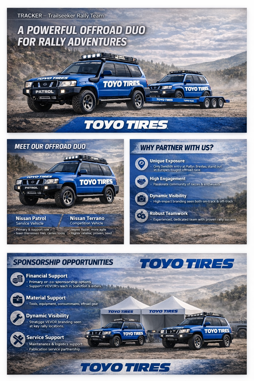 Toyo Tires branding on TRACKER rally fleet — Toyo blue convoy